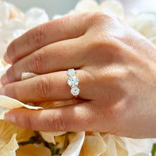 Load image into Gallery viewer, Elegant 14k Solid Yellow Gold Round Cut Forever One Moissanite Engagement Ring Three Stone Style Prong Set 2.00ctw
