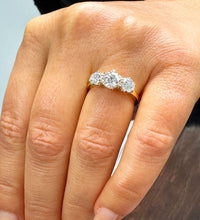Load image into Gallery viewer, Elegant 14k Solid Yellow Gold Round Cut Forever One Moissanite Engagement Ring Three Stone Style Prong Set 2.00ctw