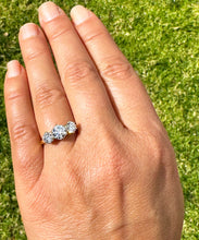 Load image into Gallery viewer, Elegant 14k Solid Yellow Gold Round Cut Forever One Moissanite Engagement Ring Three Stone Style Prong Set 2.00ctw