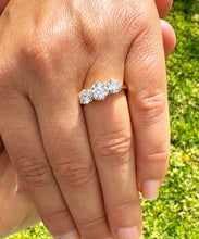 Load image into Gallery viewer, Elegant 14k Solid Yellow Gold Round Cut Forever One Moissanite Engagement Ring Three Stone Style Prong Set 2.00ctw
