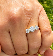 Load image into Gallery viewer, Elegant 14k Solid Yellow Gold Round Cut Moissanite Engagement Ring Three Stone Style Prong Set 2.00ctw