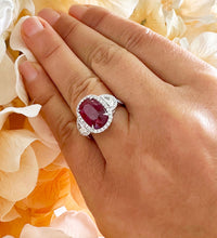 Load image into Gallery viewer, 14K Solid White Gold Oval Shape Ruby and Round And Half Moon Cut Natural Diamonds Engagement Ring Halo Prong Set 5.00ctw