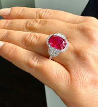 Load image into Gallery viewer, 14K Solid White Gold Oval Shape Ruby and Round And Half Moon Cut Natural Diamonds Engagement Ring Halo Prong Set 5.00ctw