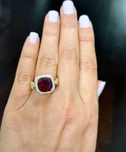 Load image into Gallery viewer, 14k Solid Yellow Gold Cushion Cut Natural Garnet And Round Cut Diamonds Ring, engagement Halo 7.50ctw