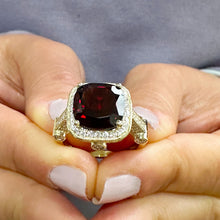 Load image into Gallery viewer, 14k Solid Yellow Gold Cushion Cut Natural Garnet And Round Cut Diamonds Ring, engagement Halo 7.50ctw