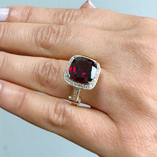Load image into Gallery viewer, 14k Solid Yellow Gold Cushion Cut Natural Garnet And Round Cut Diamonds Ring, engagement Halo 7.50ctw