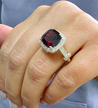 Load image into Gallery viewer, 14k Solid Yellow Gold Cushion Cut Natural Garnet And Round Cut Diamonds Ring, engagement Halo 7.50ctw