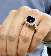 Load image into Gallery viewer, 14k Solid Yellow Gold Cushion Cut Natural Garnet And Round Cut Diamonds Ring, engagement Halo 7.50ctw