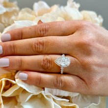 Load image into Gallery viewer, 14k Solid Rose Gold Pear Cut Forever One Moissanite and Round Natural Diamond Engagement Ring Halo, 3.75ctw