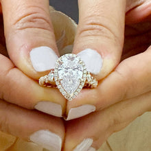 Load image into Gallery viewer, 14k Solid Rose Gold Pear Cut Forever One Moissanite and Round Natural Diamond Engagement Ring Halo, 3.75ctw