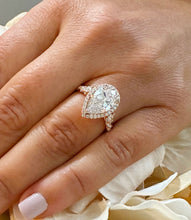 Load image into Gallery viewer, 14k Solid Rose Gold Pear Cut Forever One Moissanite and Round Natural Diamond Engagement Ring Halo, 3.75ctw