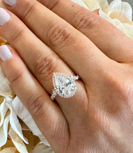 Load image into Gallery viewer, 14k Solid Rose Gold Pear Cut Moissanite and Round Natural Diamond Engagement Ring Halo, 3.75ctw