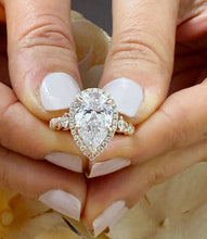Load image into Gallery viewer, 14k Solid Rose Gold Pear Cut Forever One Moissanite and Round Natural Diamond Engagement Ring Halo, 3.75ctw