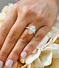 Load image into Gallery viewer, 14k Solid Rose Gold Pear Cut Moissanite and Round Natural Diamond Engagement Ring Halo, 3.75ctw