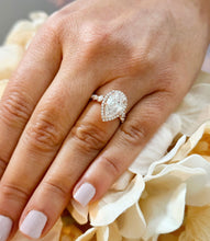 Load image into Gallery viewer, 14k Solid Rose Gold Pear Cut Forever One Moissanite and Round Natural Diamond Engagement Ring Halo, 3.75ctw