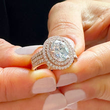 Load image into Gallery viewer, BIG 14k Solid Rose Gold Oval Cut Forever One Moissanite and Natural Diamond Engagement Ring Double Halo Triple Shank, Bridal, 2.70ctw