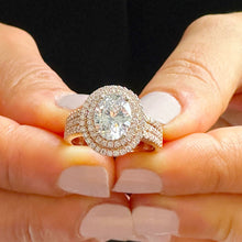 Load image into Gallery viewer, BIG 14k Solid Rose Gold Oval Cut Forever One Moissanite and Natural Diamond Engagement Ring Double Halo Triple Shank, Bridal, 2.70ctw