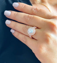 Load image into Gallery viewer, BIG 14k Solid Rose Gold Oval Cut Forever One Moissanite and Natural Diamond Engagement Ring Double Halo Triple Shank, Bridal, 2.70ctw