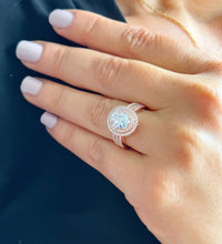 Load image into Gallery viewer, BIG 14k Solid Rose Gold Oval Cut Moissanite and Natural Diamond Engagement Ring Double Halo Triple Shank, Bridal, 2.70ctw