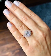 Load image into Gallery viewer, BIG 14k Solid Rose Gold Oval Cut Forever One Moissanite and Natural Diamond Engagement Ring Double Halo Triple Shank, Bridal, 2.70ctw