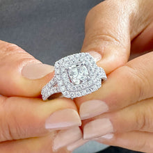 Load image into Gallery viewer, 14k White Gold Cushion Cut Diamond Engagement Ring Double Halo Split Shank Deco, Wedding, Natural Diamonds Round Cut 1.40ctw