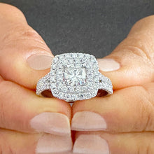Load image into Gallery viewer, 14k White Gold Cushion Cut Diamond Engagement Ring Double Halo Split Shank Deco, Wedding, Natural Diamonds Round Cut 1.40ctw