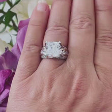 Load and play video in Gallery viewer, STUNNING 6.50CT Women's 14k solid white and rose gold cushion cut moissanite and natural round cut diamond engagement ring