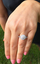 Load image into Gallery viewer, 14k solid white gold round cut Charles and Colvard moissanite and diamond engagement ring split shank double halo Natural Diamonds 1.25ct