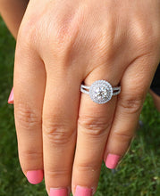 Load image into Gallery viewer, 14k solid white gold round cut Charles and Colvard moissanite and diamond engagement ring split shank double halo Natural Diamonds 1.25ct