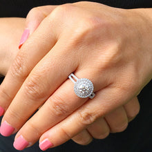 Load image into Gallery viewer, 14k solid white gold round cut Charles and Colvard moissanite and diamond engagement ring split shank double halo Natural Diamonds 1.25ct