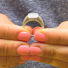 Load image into Gallery viewer, 14k solid white gold cushion cut diamond engagement ring bezel set halo pave natural diamonds three sided diamonds pave 1.70ctw