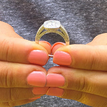 Load image into Gallery viewer, 14k solid white gold cushion cut diamond engagement ring bezel set halo pave natural diamonds three sided diamonds pave 1.40ctw