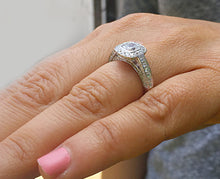 Load image into Gallery viewer, 14k solid white gold cushion cut diamond engagement ring bezel set halo pave natural diamonds three sided diamonds pave 1.40ctw