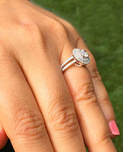 Load image into Gallery viewer, 14k solid white gold round cut Charles and Colvard moissanite and diamond engagement ring split shank double halo Natural Diamonds 1.25ct