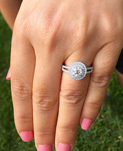 Load image into Gallery viewer, 14k solid white gold round cut Charles and Colvard moissanite and diamond engagement ring split shank double halo Natural Diamonds 1.25ct