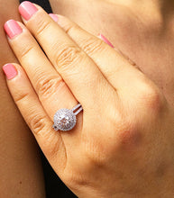 Load image into Gallery viewer, 14k solid white gold round cut Charles and Colvard moissanite and diamond engagement ring split shank double halo Natural Diamonds 1.25ct