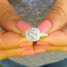 Load image into Gallery viewer, Beautiful 14k solid white gold cushion cut moissanite and diamond engagement ring bezel Bridal Wedding Halo Natural Diamonds 1.70ct