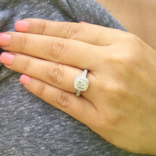 Load image into Gallery viewer, 14k solid white gold cushion cut diamond engagement ring bezel set halo pave natural diamonds three sided diamonds pave 1.70ctw