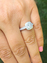 Load image into Gallery viewer, 14k solid white gold cushion cut diamond engagement ring bezel set halo pave natural diamonds three sided diamonds pave 1.40ctw