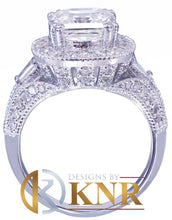 Load image into Gallery viewer, 14k Solid White Gold Asscher Cut Moissanite and Natural Diamond Engagement Ring Deco Style Bridal propose Wedding 3.85ctw