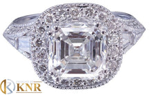 Load image into Gallery viewer, 14k Solid White Gold Asscher Cut Moissanite and Natural Diamond Engagement Ring Deco Style Bridal propose Wedding 3.85ctw