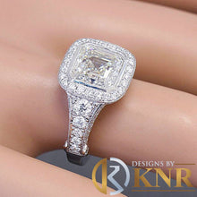 Load image into Gallery viewer, 14k Solid White Gold Asscher Cut Forever One Moissanite and Natural Diamond Bezel Engagement Ring Filigree Bridal Wedding Propose 4.30ctw