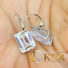 Load image into Gallery viewer, Huge 7 Carat Emerald Cut Moissanite Earrings Prong set 14k White Solid Gold Bridal Wedding Engagement French Post Setting