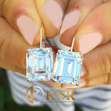 Load image into Gallery viewer, Huge 7 Carat Emerald Cut Moissanite Earrings Prong set 14k White Solid Gold Bridal Wedding Engagement French Post Setting