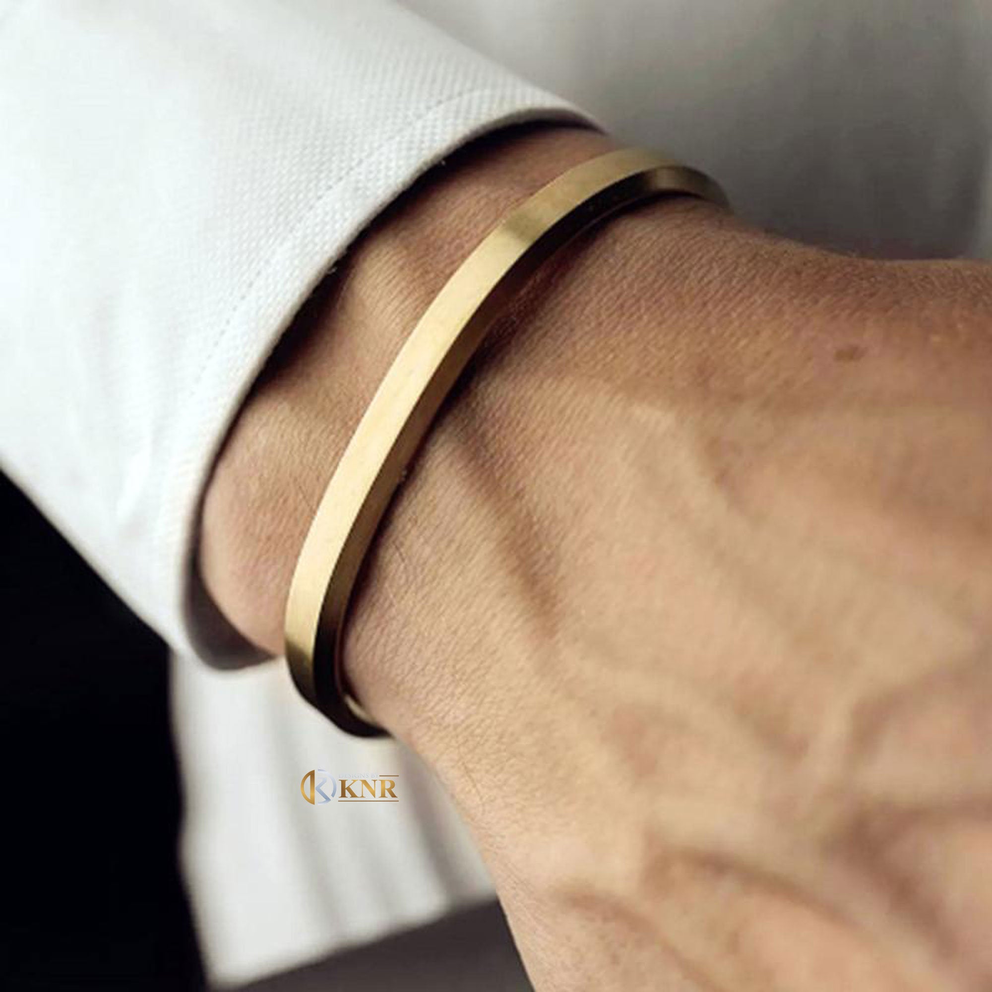 Elegant 14K or 18K Solid and Very Heavy White / Yellow / Or Rose Gold Men's  Cuff Bangle 6mm Width Knife Cut Edges