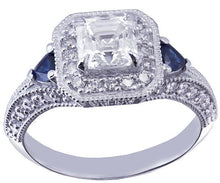 Load image into Gallery viewer, 18k white gold asscher cut diamond and triangle sapphire engagement ring 1.50ctw