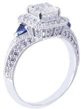Load image into Gallery viewer, 18k white gold asscher cut diamond and triangle sapphire engagement ring 1.50ctw