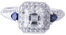 Load image into Gallery viewer, 18k white gold asscher cut forever one moissanie and diamond and triangle sapphire engagement ring Bridal, Wedding, Natural Diamonds 1.65ctw