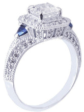 Load image into Gallery viewer, 18k white gold asscher cut forever one moissanie and diamond and triangle sapphire engagement ring Bridal, Wedding, Natural Diamonds 1.65ctw