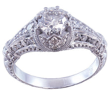 Load image into Gallery viewer, 14k white gold round cut diamond engagement ring antique style filigree 1.40ctw